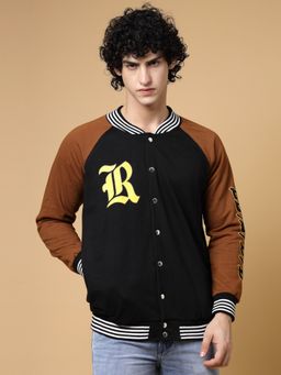 RIGO - Men Black Oversized Printed Fleece Varsity Jacket