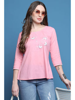 Rajnandini - Womens Light Pink Pure Cotton Patch Work Embroidered Short Top