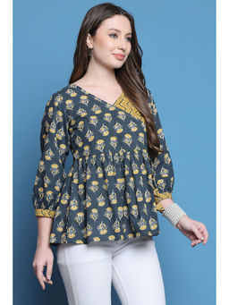 Rajnandini - Womens Grey And Yellow Pure Cotton Jaipuri Printed Short Top