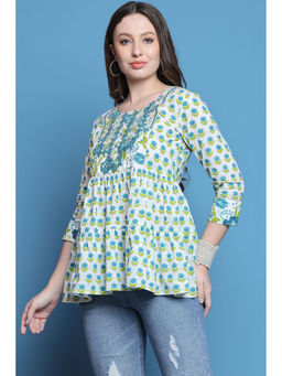 Rajnandini - Womens White And Teal Pure Cotton Embroidered Short Top