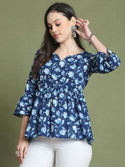 Rajnandini - Womens Blue Pure Cotton Jaipuri Printed Short Top