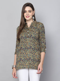 Rajnandini - Womens Blue And Turquoise Cotton Blend Floral Printed Tunic