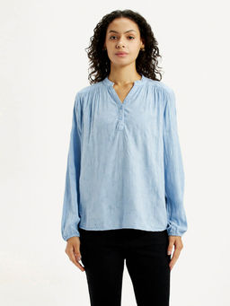 Levi's - Women's Embroidered Light-Blue Mandarin Collar Top