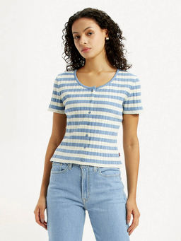 Levi's - Women's Striped Light-Blue Round Neck Top