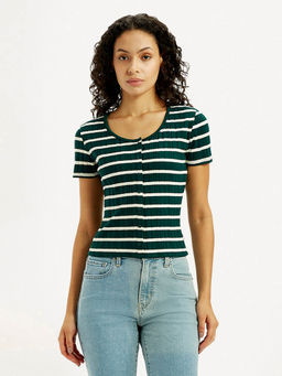 Levi's - Women's Striped Dark-Green Round Neck Top