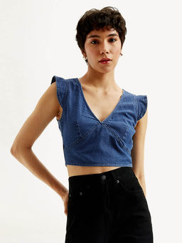 Levi's - Women's Solid Blue V Neck Crop Top