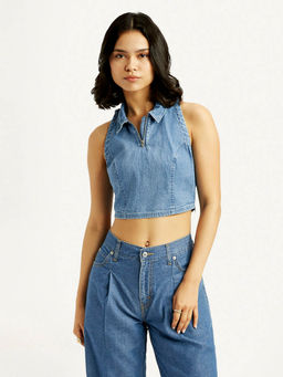 Levi's - Women's Solid Blue Polo Collar Crop Top