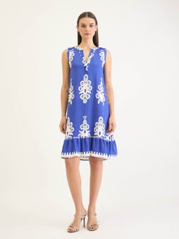 ELLE - Women's Blue V Neck Abstract Fit and Flare Tiered Dress