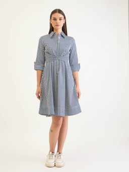 ELLE - Women's Black Striped Fit and Flare Fabric Belt Tie Detail Shirt Dress