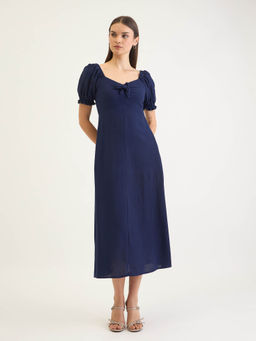 ELLE - Women's Blue Sweetheart Puffed Ballon Sleeves and Ruffle At End Flared Dress