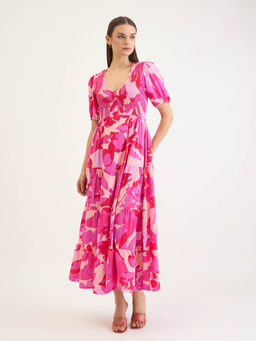 ELLE - Women's Pink V-Neck Puff Sleeve Abstract Fit and Flare All Over Print Tiered Dress