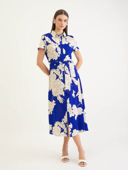 ELLE - Women's Blue Spread Collar Floral Printed Shirt Dress with Belt