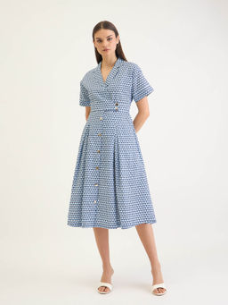 ELLE - Women's Blue Lapel Collar Short Sleeve Relaxed Fit Flared Shirt Dress