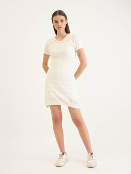 ELLE - Women's White Round Neck Short Sleeve Fitted Stretchable Knitted T-Shirt Dress