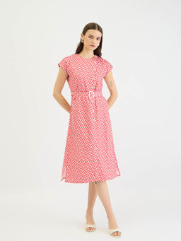 ELLE - Women Pink Abstract Round Neck Short Sleeves A-Line Shift Dress with Belt