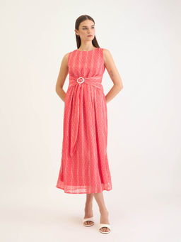 ELLE - Women's Pink Round Neck Relaxed Fit Dobby Flared Waist Tie Dress