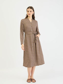 ELLE - Women Brown Mandarin Collar Full Sleeves A-Line Shift Dress with Belt