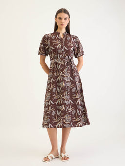 ELLE - Women's Brown V Neck Leaf Fit and Flare Flared Waist Tie Dress with Belt