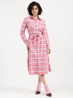 United Colors of Benetton - Spread Collar Flannel Check Shirt Dress with Belt