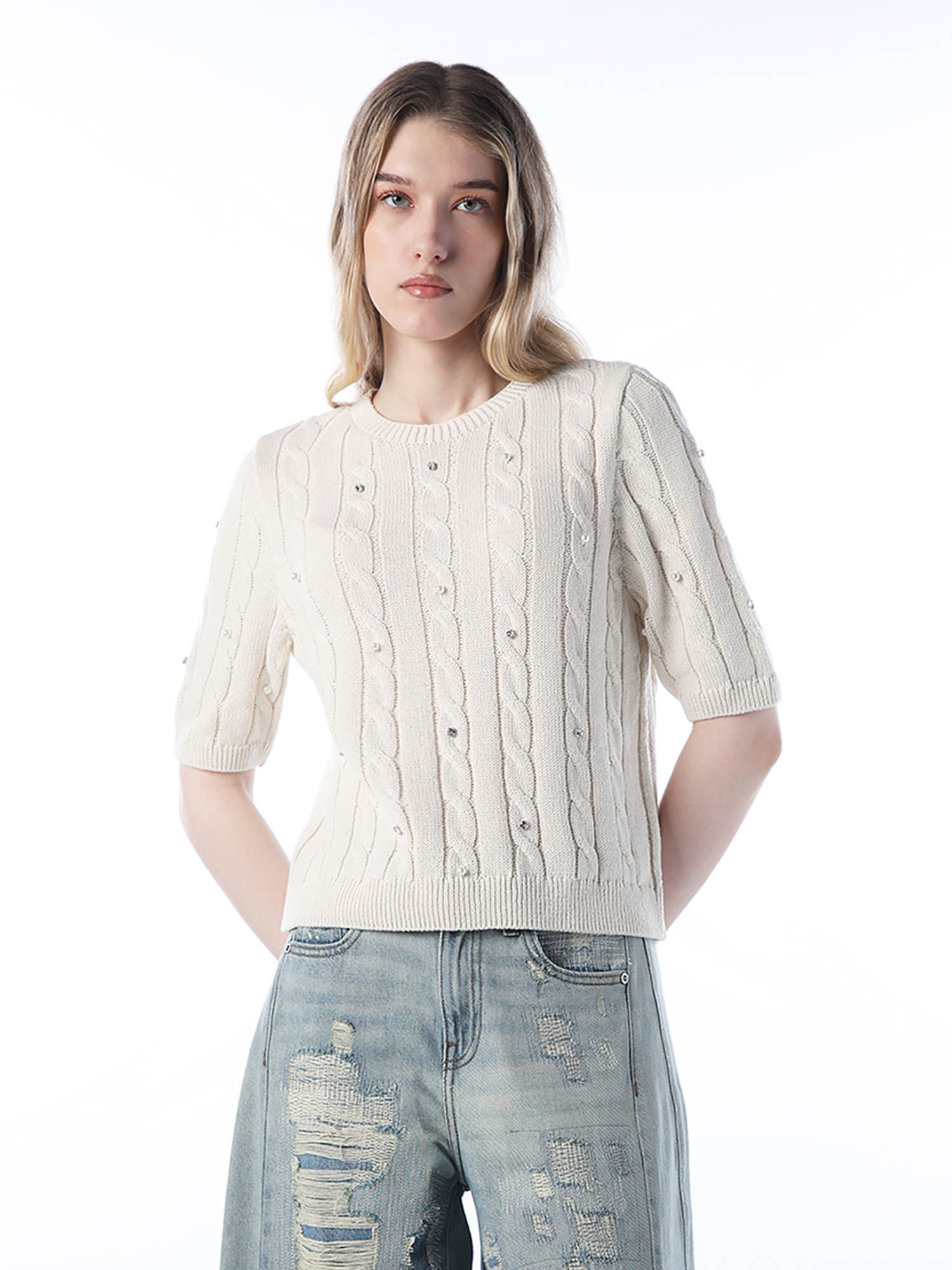 only Women's Self Design Regular Fit White Sweater-picture-27