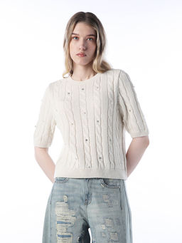 ONLY - Women's Self Design Regular Fit White Sweater