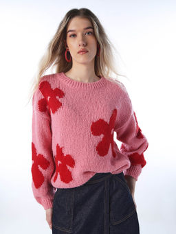 ONLY - Women's Floral Printed Loose Fit Pink Sweater