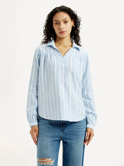Levi's - Women's Striped Light-Blue Spread Collar Top