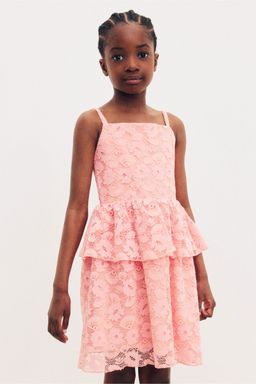 H&M - Girls Pink Flounce-Trimmed Lace Dress