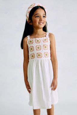 H&M - Girls White Cotton Crochet-Look Dress