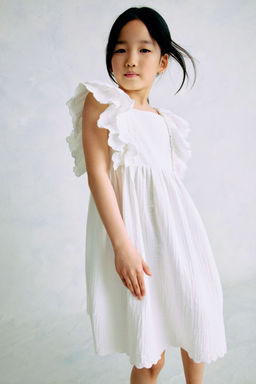 H&M - Girls White Scalloped-Trim Dress