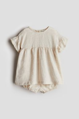 H&M - Girls Beige 2-Piece Dress And Bloomers Linen Set