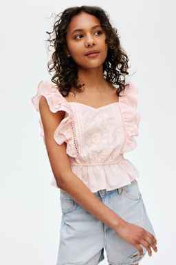 H&M - Girls Pink Flutter-Sleeved Cotton Top