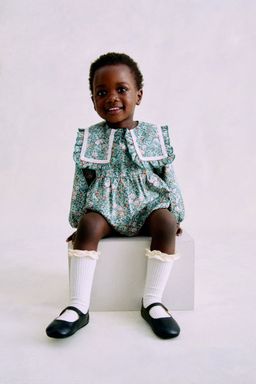 H&M - Girls Green Floral-Print Poplin Romper Suit