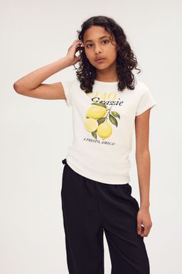 H&M - Girls White Print-Motif Cotton T-Shirt