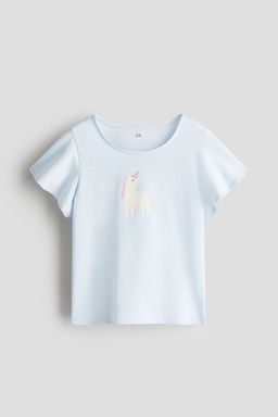 H&M - Girls Blue Printed Flutter-Sleeved Top