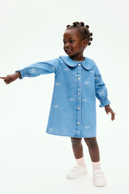 H&M - Girls Blue Embroidery-Detail Denim Shirt Dress