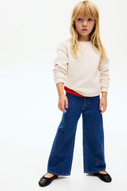 H&M - Girls Blue Motif-Detail Wide Leg Jeans