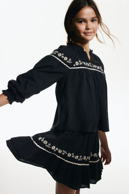 H&M - Girls Black Embroidery-Detail Cotton Skirt