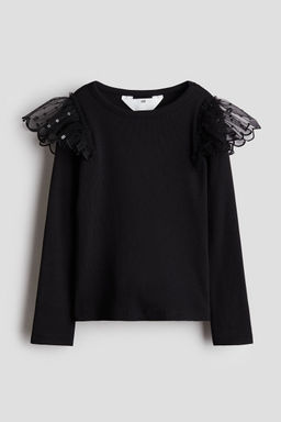H&M - Girls Black Tulle-Detail Cotton Top