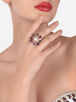 Zaveri Pearls - Purple Dazzling Stones Flower Shape Contemporary Finger Ring-ZPFK12917