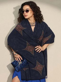 Libas - Women Navy Blue Woven Design Wool Shawl