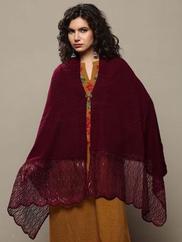Libas - Women Maroon Sequined Woven Design Wool Shawl