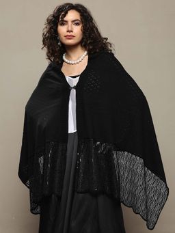 Libas - Women Black Sequined Woven Design Wool Shawl