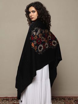 Libas - Women Black Floral Woven Design Wool Shawl