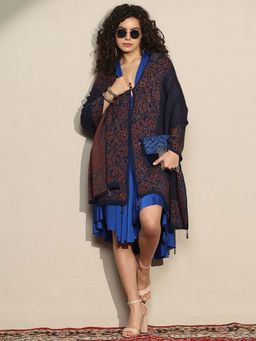 Libas - Women Navy Blue Floral Woven Design Wool Shawl