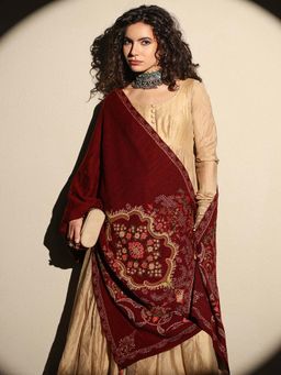 Libas - Women Maroon Floral Woven Design Wool Shawl