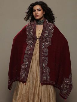 Libas - Women Maroon Woven Design Wool Shawl