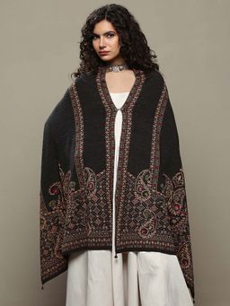 Libas - Women Black Floral Woven Design Wool Shawl