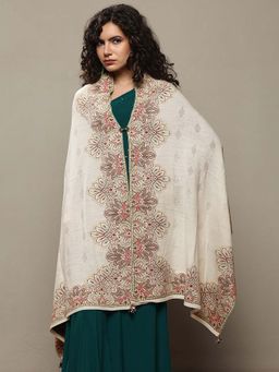 Libas - Women Off White Floral Woven Design Wool Shawl