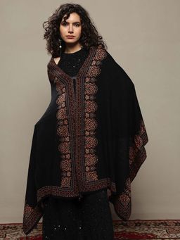 Libas - Women Black Floral Woven Design Wool Shawl